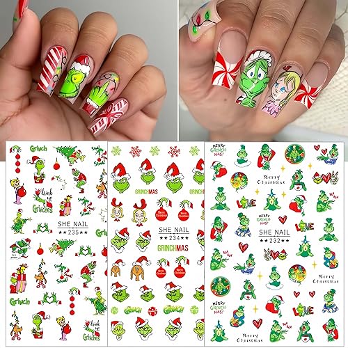 Miniatura 7 de Calcomanías de arte de uñas de Navidad 3D, autoadhesivas, lindas caricaturas de monstruo verde, diseños de uñas, suministros de uñas, calcomanías de