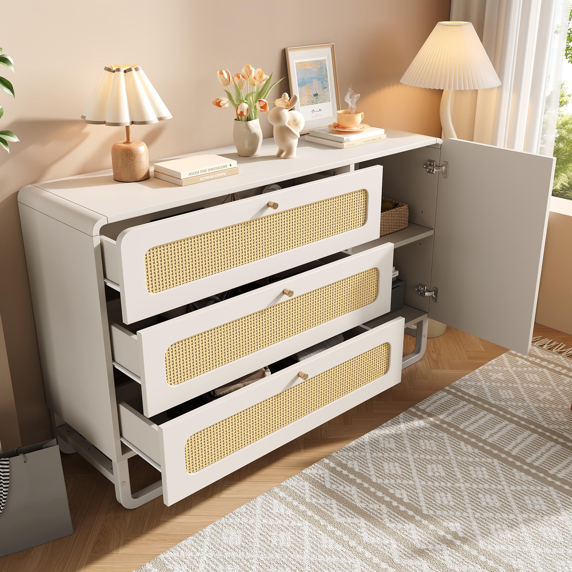 Merax Kommode Weiß mit 3 Schubladen und 1 Tür, Sideboard 120cm, Moderner Komodenschrank Schubladenschrank mit Rattan, Goldgriffen, Verstellbare Ablage, Metallbeinen, für Wohnzimmer, Schlafzimmer, Flur