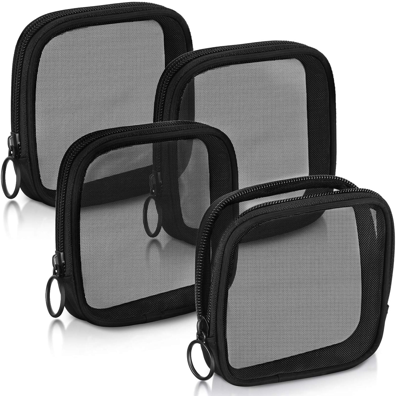 Zollyss 4 Pcs Mesh Makeup Bag Set, Travel Cosmetic Pouches with Zipper and Hanging Strap, Breathable Mesh Toiletry Organiser (Black)-image-6