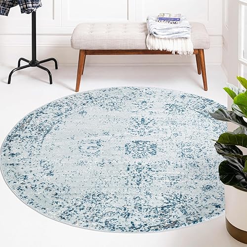 Miniatura 8 de Rugs.com Alfombra de la colección Monte Carlo, alfombra redonda de 5 pies, color azul claro, mediana perfecta para cocinas y comedores