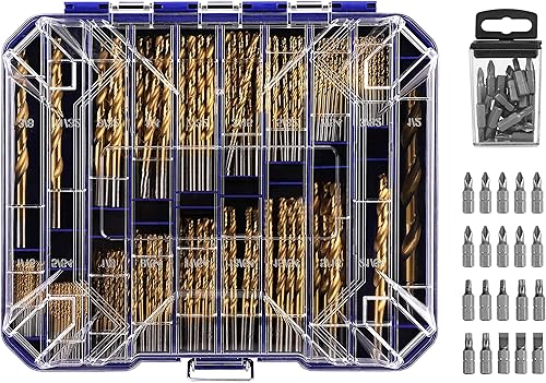 276pc Titanium Twist Drill Bit Set with S2 Bits 135° Tip High Speed Steel, Size from 1/16" up to 1/2", Ideal in Wood Cast Iron Aluminum Alloy Plastic Fiberglass, Clear Lid Case