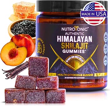 NutroTonic Organic Himalayan Shilajit Gummies Peach Vanilla Flavor Shilajit for Men & Women Wild Crafted Manuka Honey MGO +263 Made in USA 30 Gummies