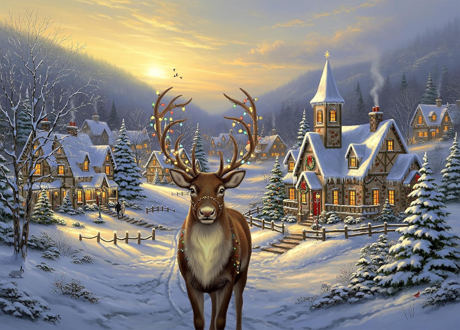 TheStillroom - Twilight in Tinsel Hollow - 1000 Piece Jigsaw Puzzle for Adults | Snowy Winter Village & Reindeer Scene (Matte)