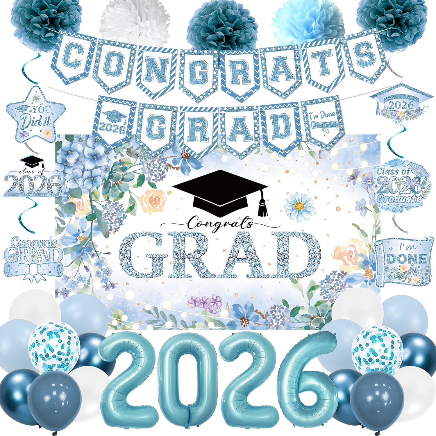 Holkcog 2026 Graduation Decorations, Blue Class of 2026 Congrats Graduation Floral Backdrop, Balloons, Paper Pompoms for Graduation Party Decorations, Outdoor Indoor College Grad Party Decorations