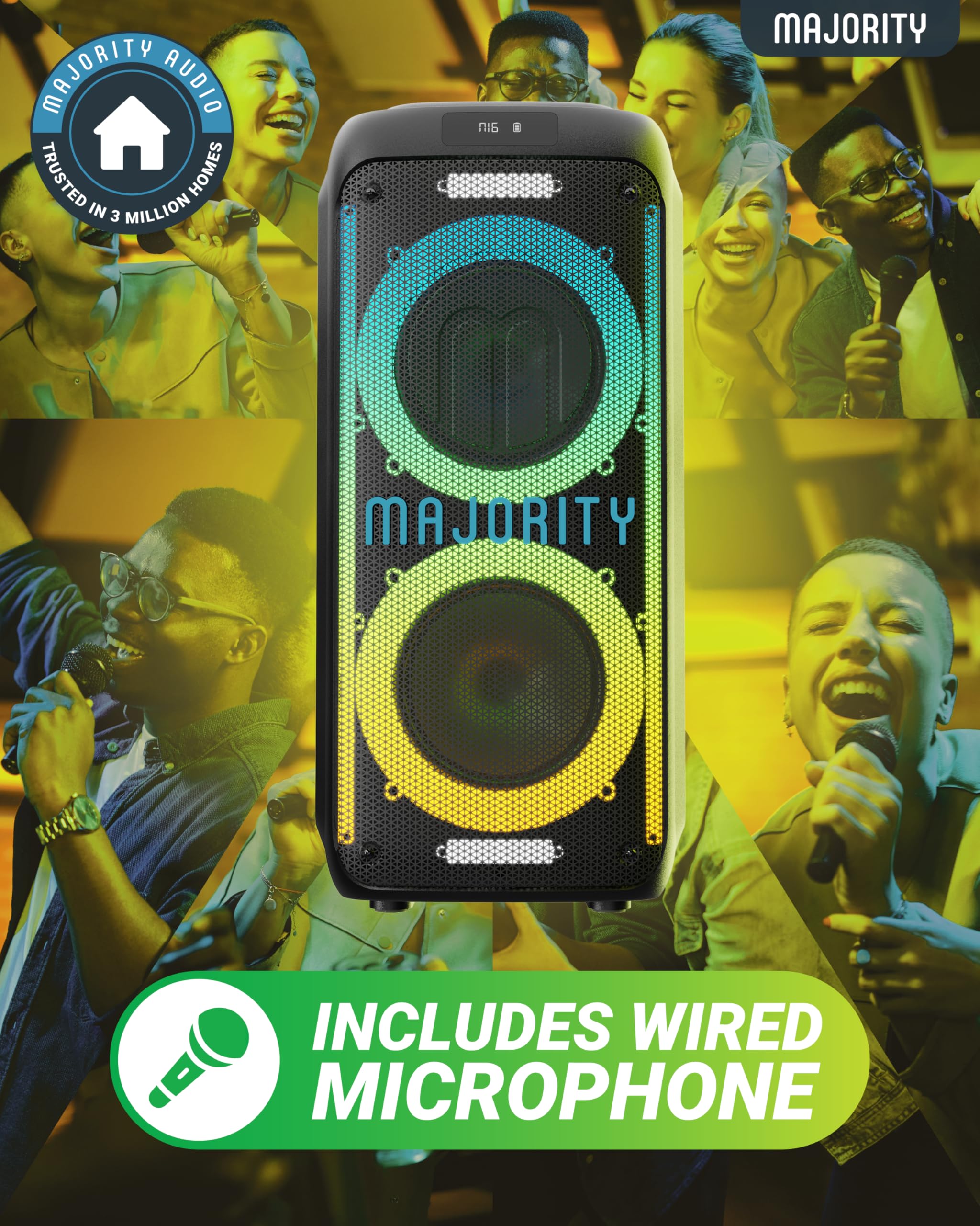 MAJORITY Tragbarer Party-Lautsprecher & Karaoke-Maschine mit kabelgebundenem Mikrofon, Bluetooth, USB/SD MP3-Player, Mikrofon-Echo, Höhen, Bass-Boost, TWS-Stereo, LED-Lichter, PA-System-Lautsprecher