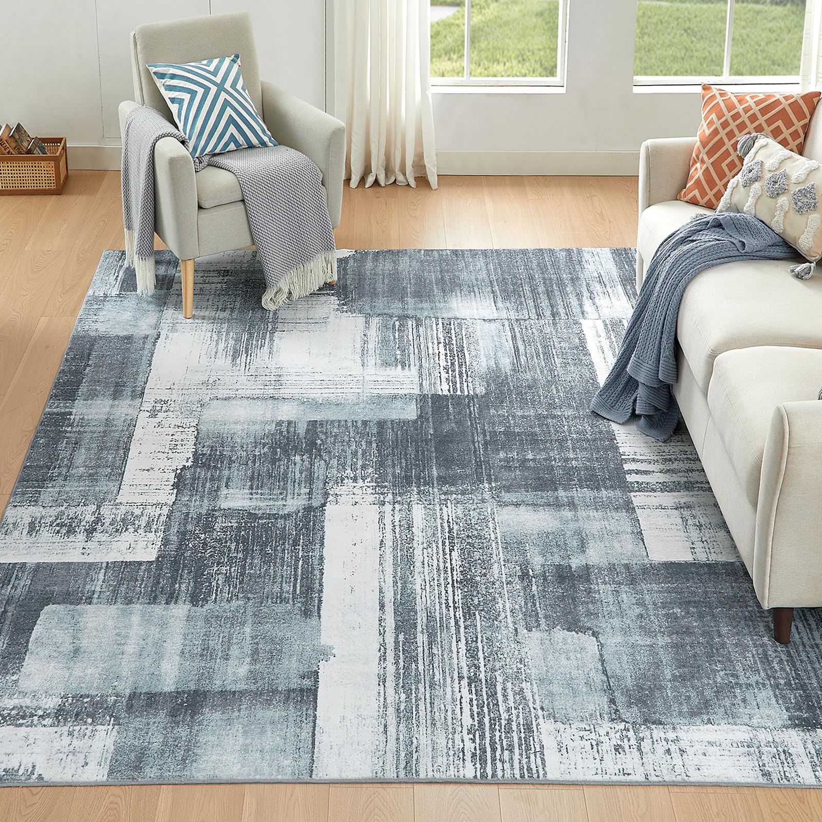 Washable Rug Modern Area Rug 5'x7' Low Pile Bedroom Rug, Thin Living Room Rug with Non Slip Backing No Shedding Large Area Rug Lightweight Abstract Machine Washble Rug for Home,Grey