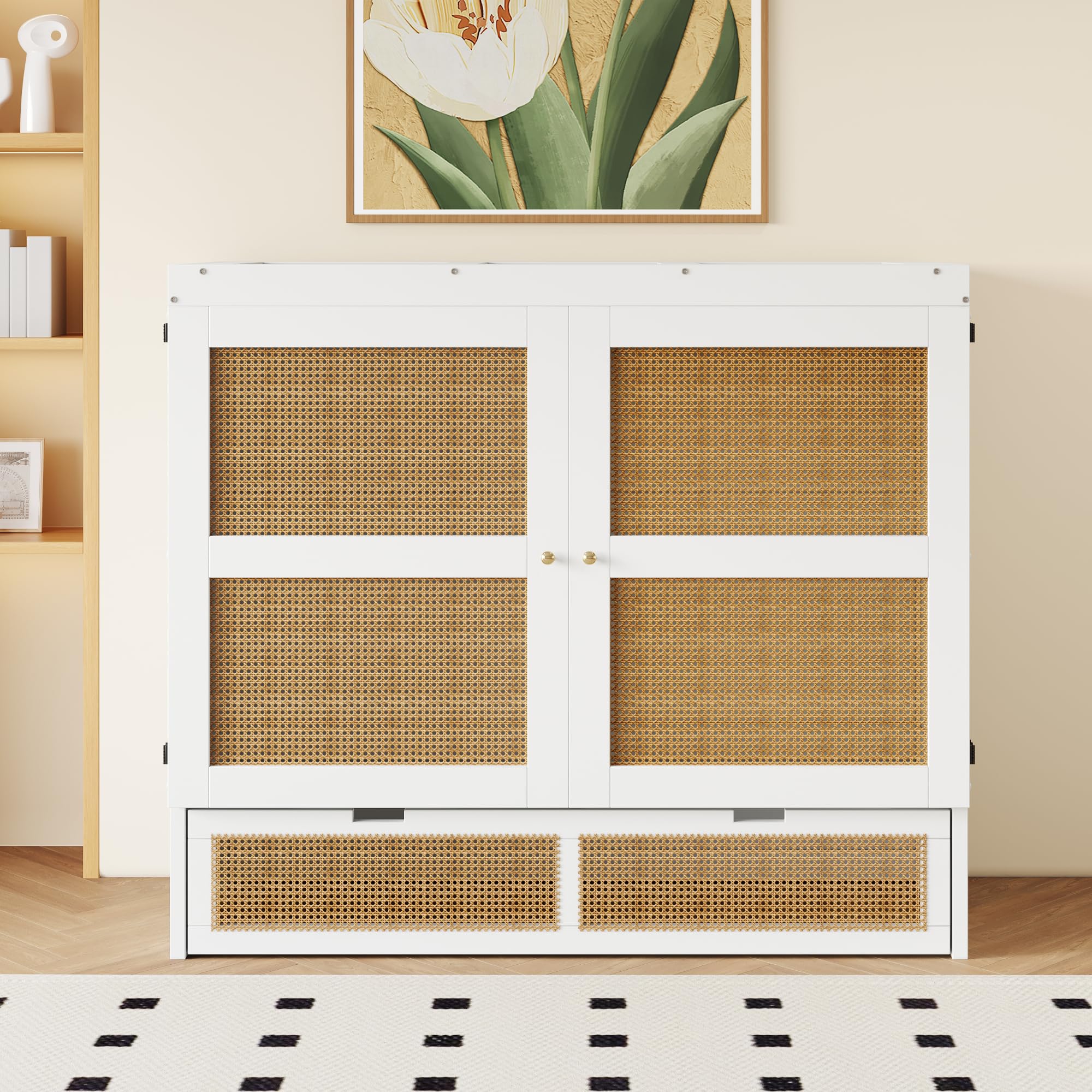 Cama Abatible 140x200 cm Camas Juveniles con Cajón de Almacenaje y Somier, Cama Juvenil Camas Matrimoniales, Murphy Bed, Diseño Que Ahorra Espacio, Sin Colchón, Blanco