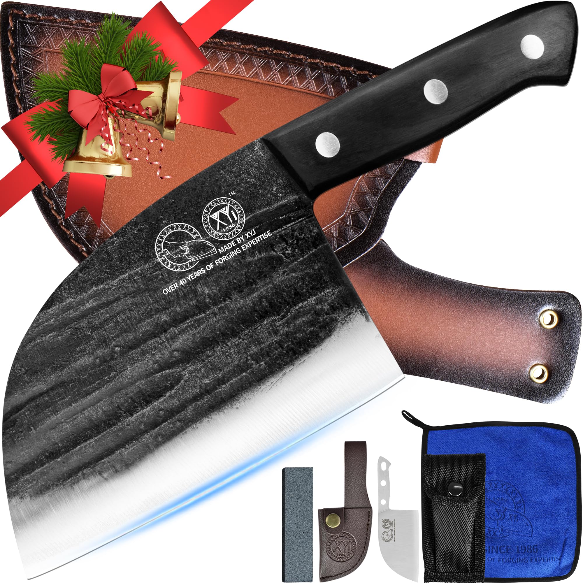 XYJ Authentic Since 1986,6 Inch Serbian Chef Knife With Sheath,Handmade Forged Ancient Outdoor Camping Kitchen Butcher Knife,Vegetable Cooking Meat Knives,Full Tang
