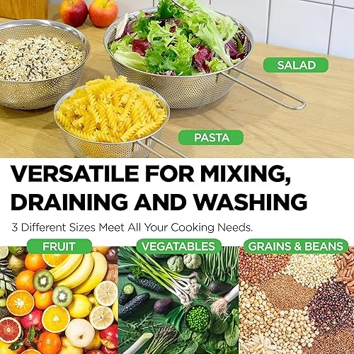 Miniatura 4 de Juego de 3 coladores de acero inoxidable 188 304 prémium con mango largo, coladores microperforados de 1.5-2.5-4 cuartos de galón, base sólida