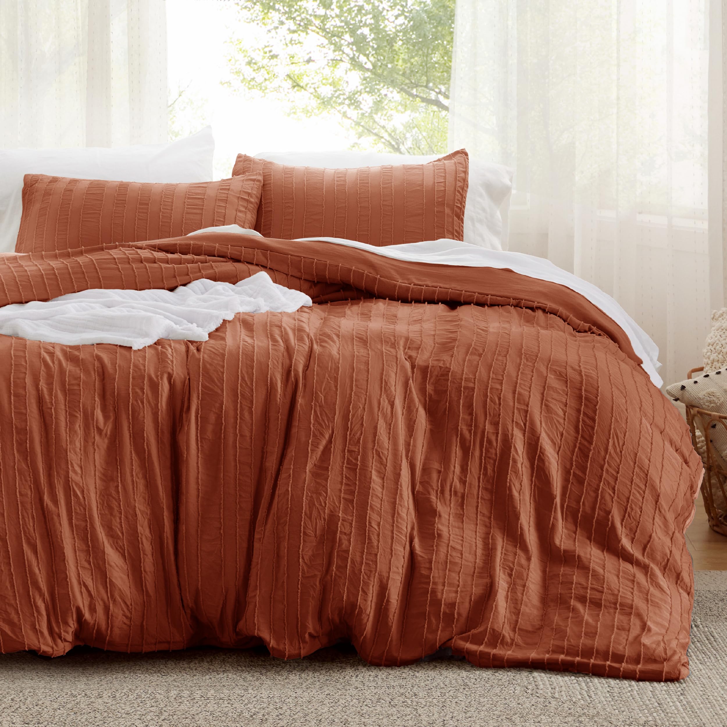 Bedsure Striped Boho Duvet Cover King Size - Tufted Boho Bedding Set, 3 Pieces Shabby Chic Home Bedding for All Seasons, Includes 1 King Duvet Cover 2 Pillowcases (Terracotta, 104" x 90")
