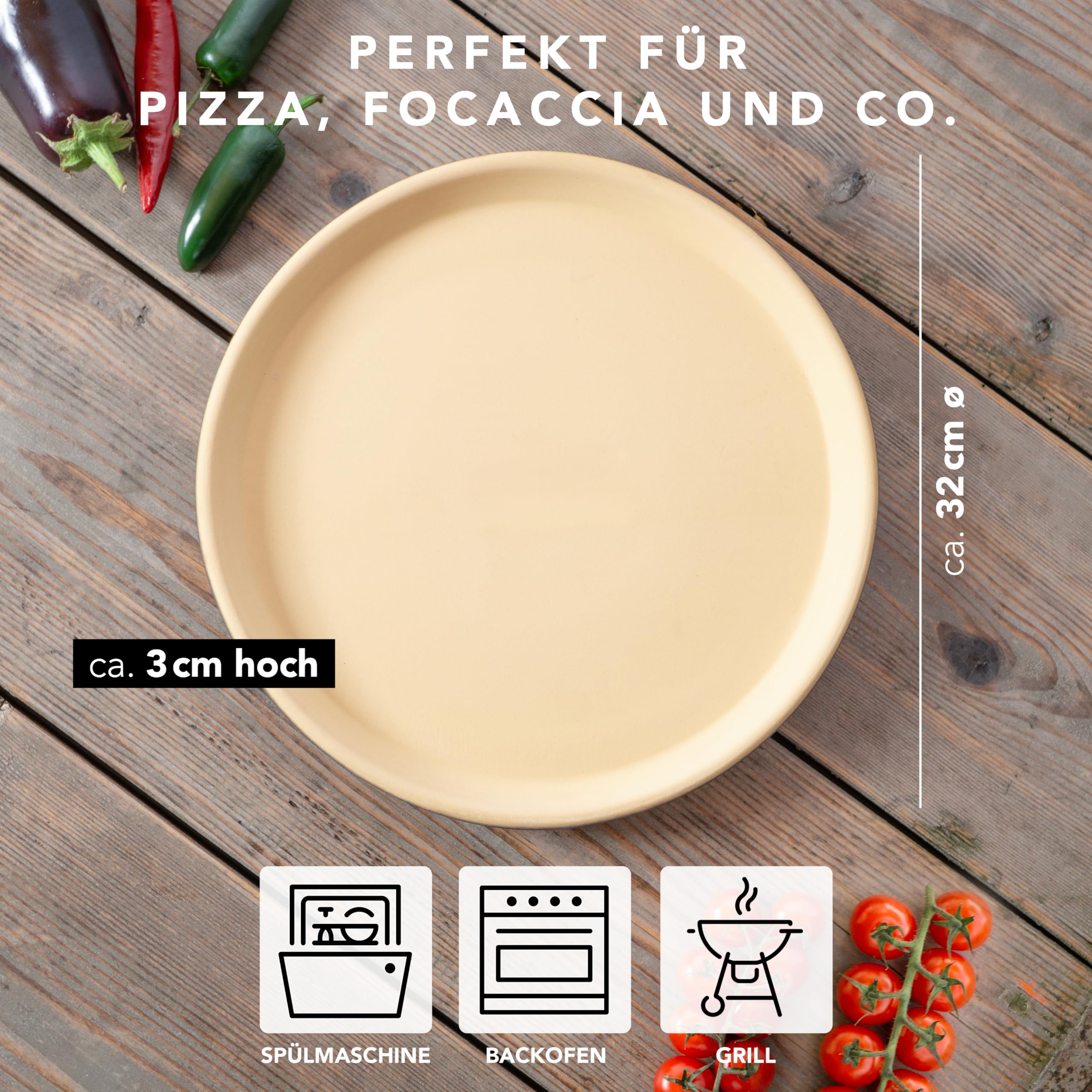 Römertopf – Piedra para pizza de arcilla natural, Ø 32,5 cm, para horno y barbacoa, base crujiente para pizza y pan, color negro