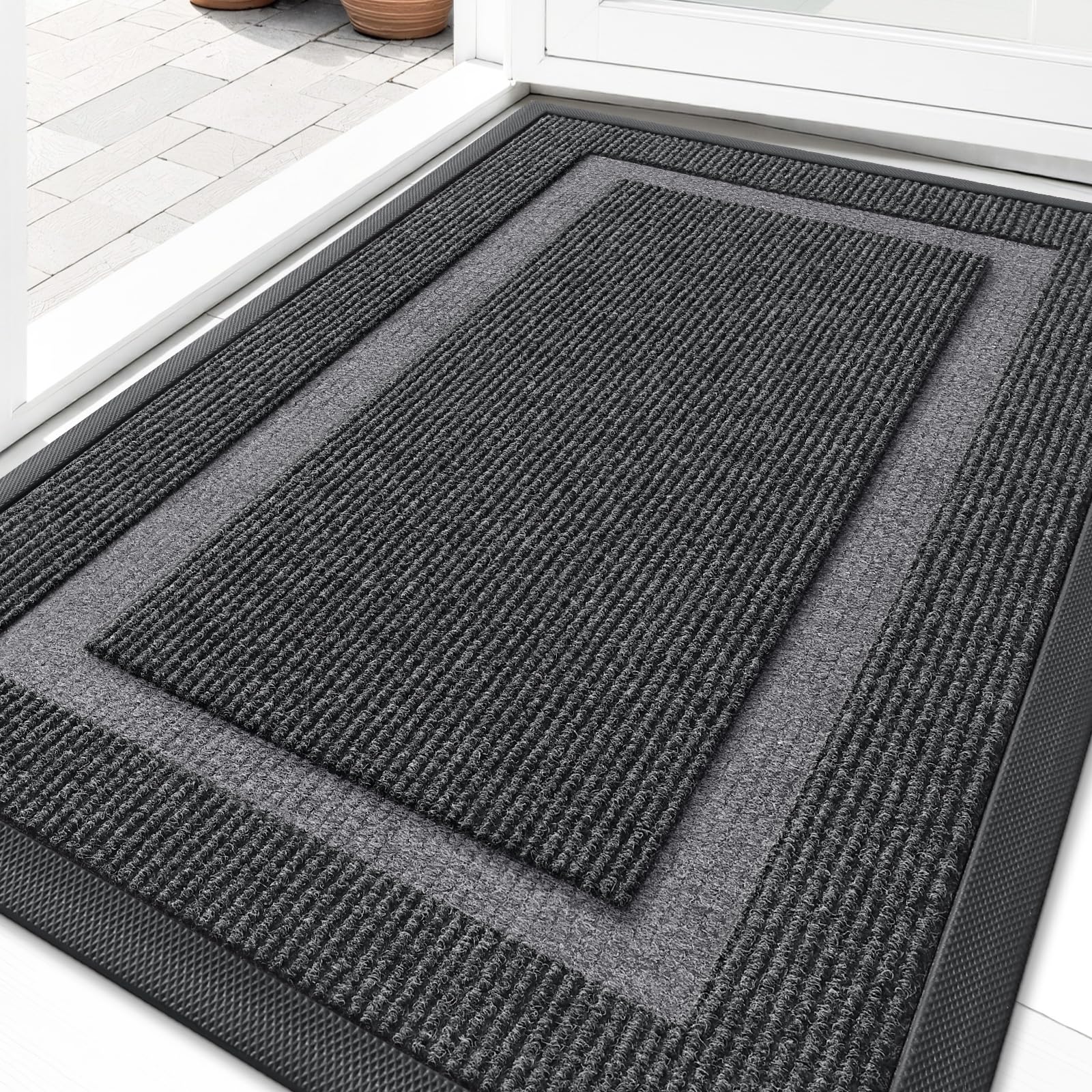 OLANLY Front Door Mat Indoor Outdoor Entrance, Waterproof All-Season, All-Weather Doormat, Durable Natural Rubber, Fade Resistant, Low Profile, Easy Clean Patio Porch Entryway Mat, 29.5x17, Grey