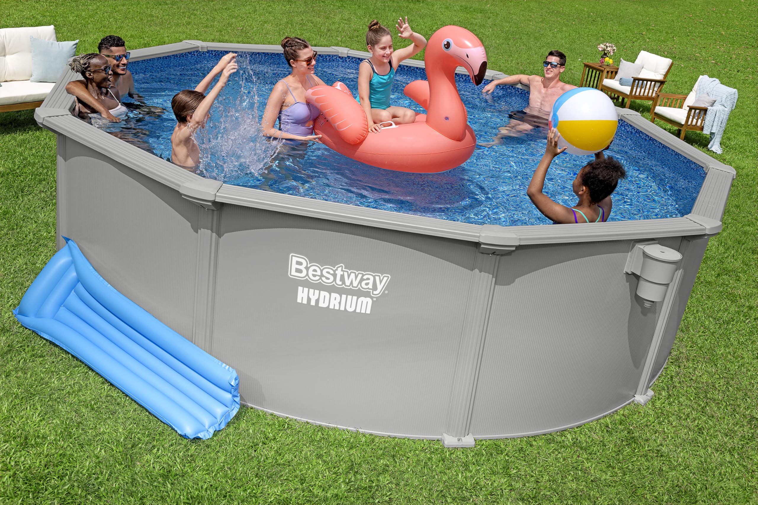 Bestway Hydrium Stahlwandpool Komplett-Set rund 457 x 122 cm Granitgrau Gartenpool Aufstellpool mit Sandfilteranlage