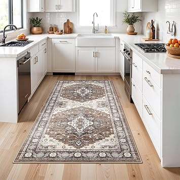 4x8 Washable Hallway Area Rug Vintage 8ft Soft Runner Rug for Living Room Entryway Non Slip Water Resistant Wide Soft Carpet for Kitchen Bedroom Thin Floor Mat for Bathroom Dining RoomBrown,4x8