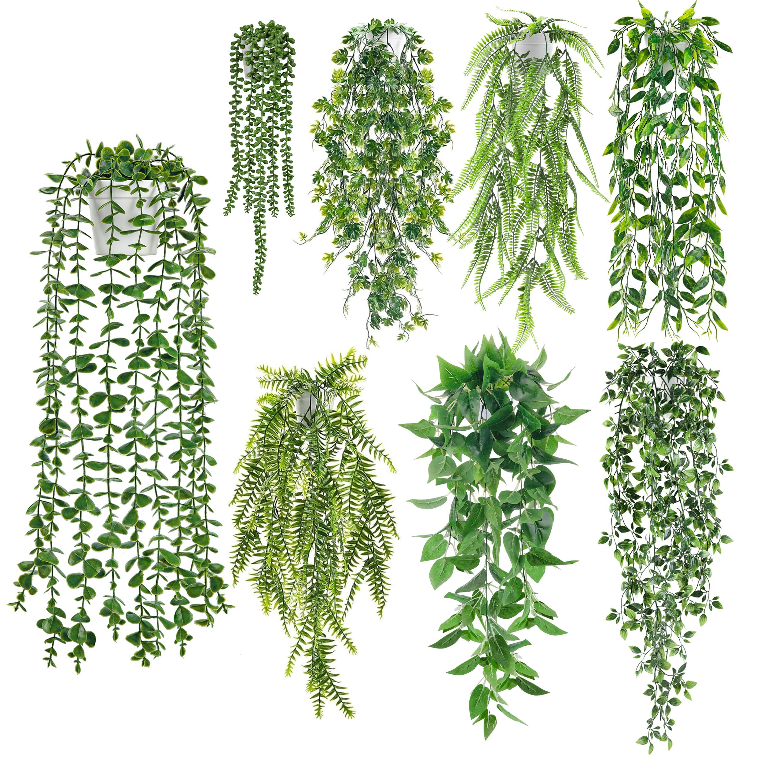 Der Rose 8Pcs Fake Plants Hanging Artificial Ivy Vine Faux Eucalyptus Hanging Plants for Home Boho Wall Shelf Indoor Outdoor Decor (White Pots) — image 1