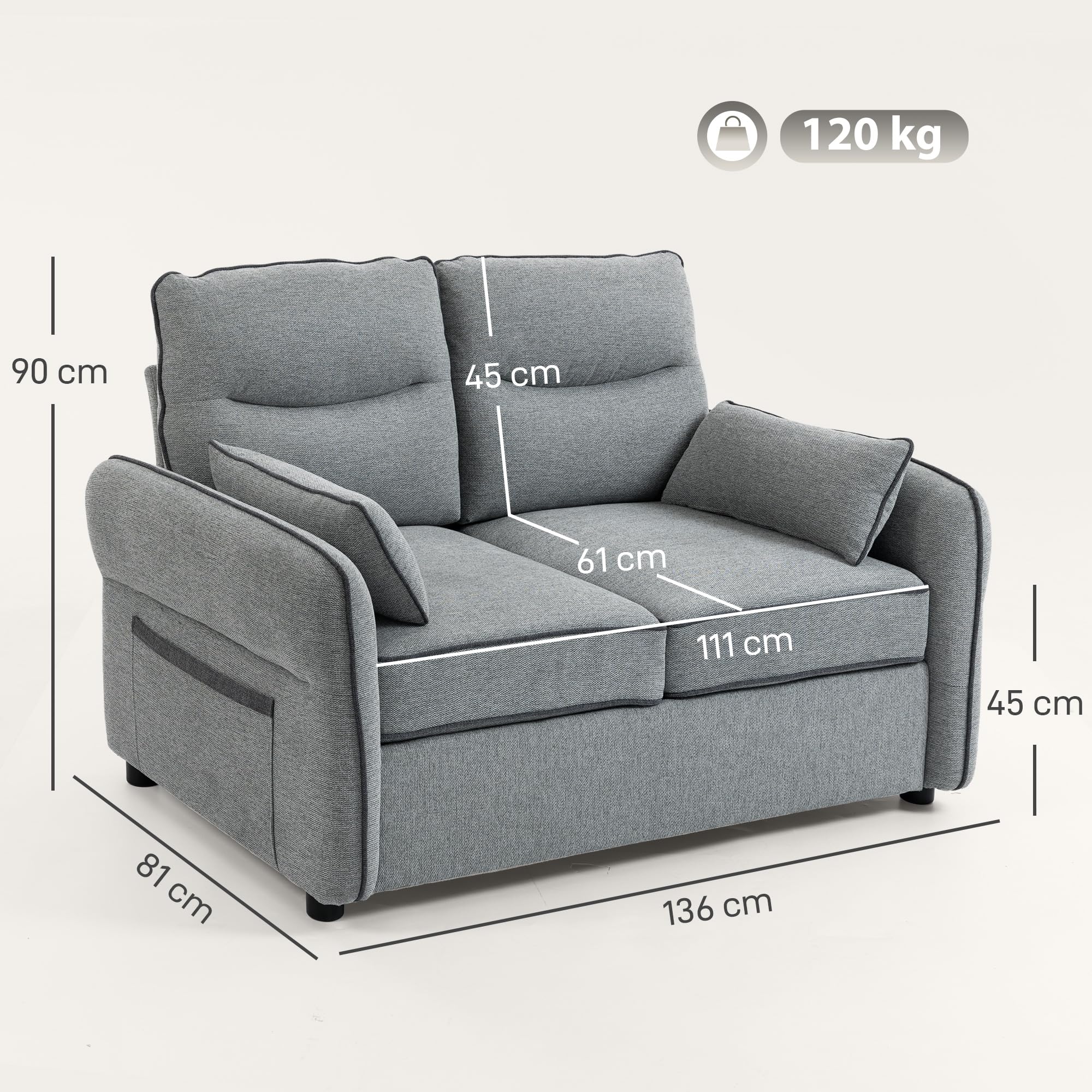 HOMCOM Canapé 2 Places Assise et Dossier Rembourrés 136 cm Gris