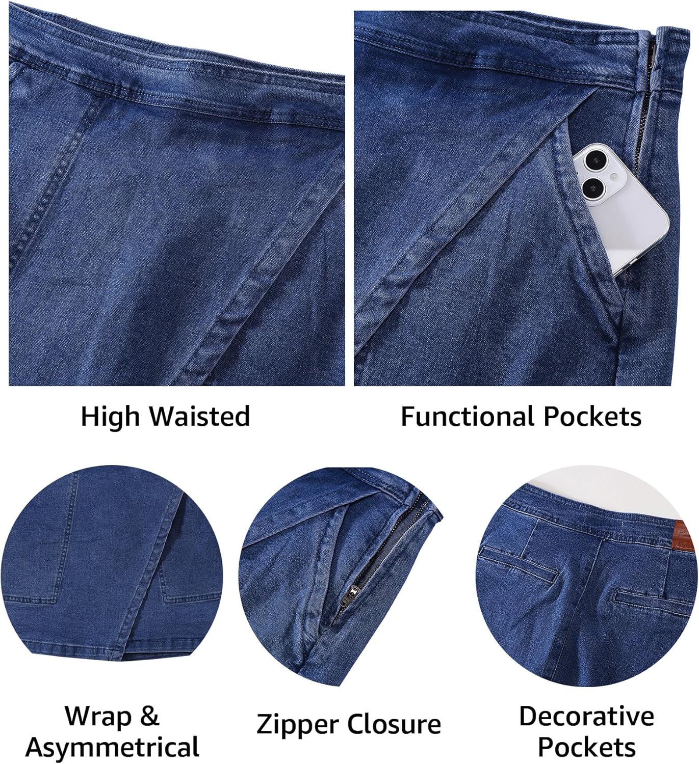 luvamia Jean Skirts for Women Denim Mini Trendy High Waisted Stretchy Asymmetrical Faux Wrap Short Skirt with Pockets