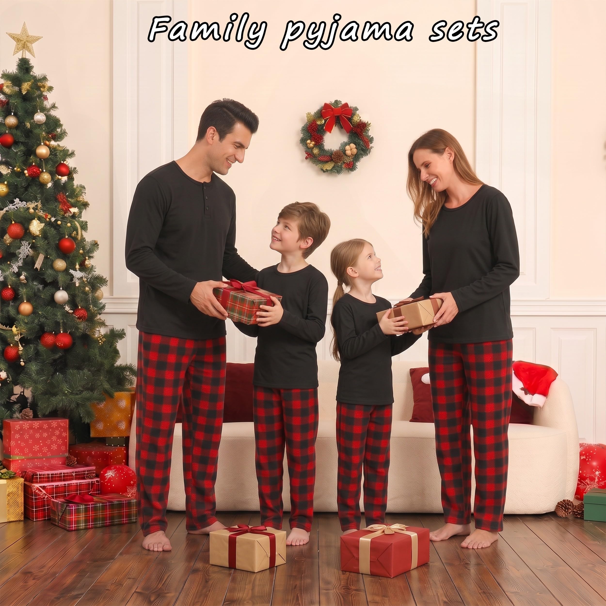 YUSHOW Set pigiama natalizio per coppie, a maniche lunghe, a quadri, biancheria da notte invernale in pile natalizio, abbigliamento da notte per la famiglia, per donne, uomini, bambini