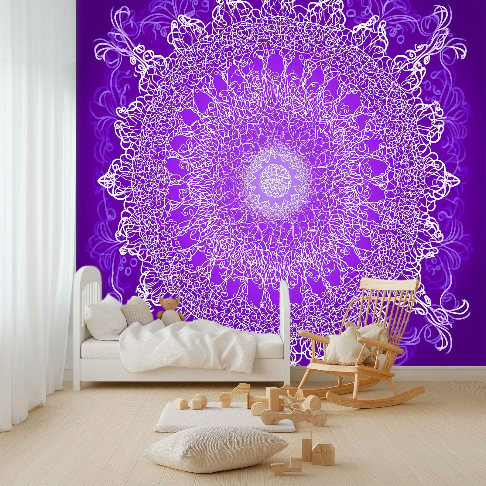 Fototapeta z włókniny, styl marzeń, tapeta 200 x 140 cm (szer. x wys.), nowoczesna tapeta z włókniny, efekt 3D, dekoracja ścienna, fioletowe, kwiaty mandali, tapeta z motywem, tapeta ścienna, salon