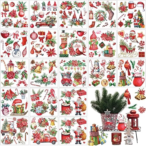 Miniatura 7 de Honoson 20 hojas vintage de Navidad para manualidades y muebles, calcomanías retro de Papá Noel para transferencia, calcomanías vintage de muebles