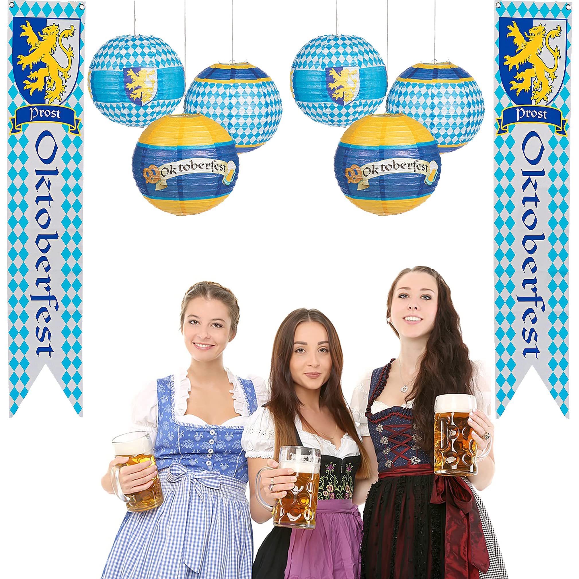 4E's Novelty 8 Piece Oktoberfest Decorations Set - 6 Hanging Paper Lantern & 2 Wall Banner For Oktoberfest Party Supplies, Oktoberfest Decor