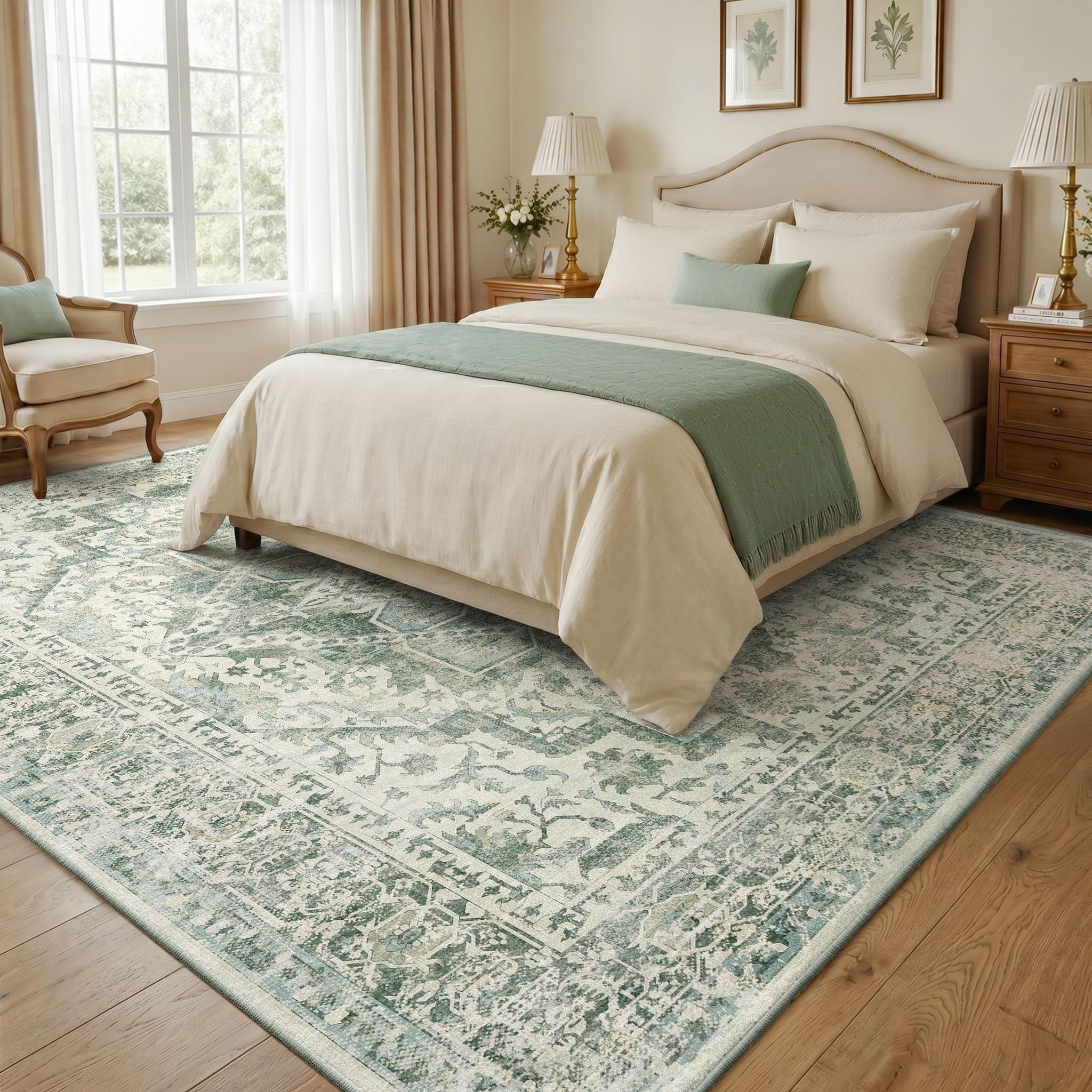 INOVADAY Waschbarer Teppich Wohnzimmer 120x170 cm Vintage Grün | Teppich Schlafzimmer, Teppich Waschbar, Esszimmer, Küche, Boho, Kurzflor, Rutschfest, Weiche, OEKO, Staubsauger, Gefaltet