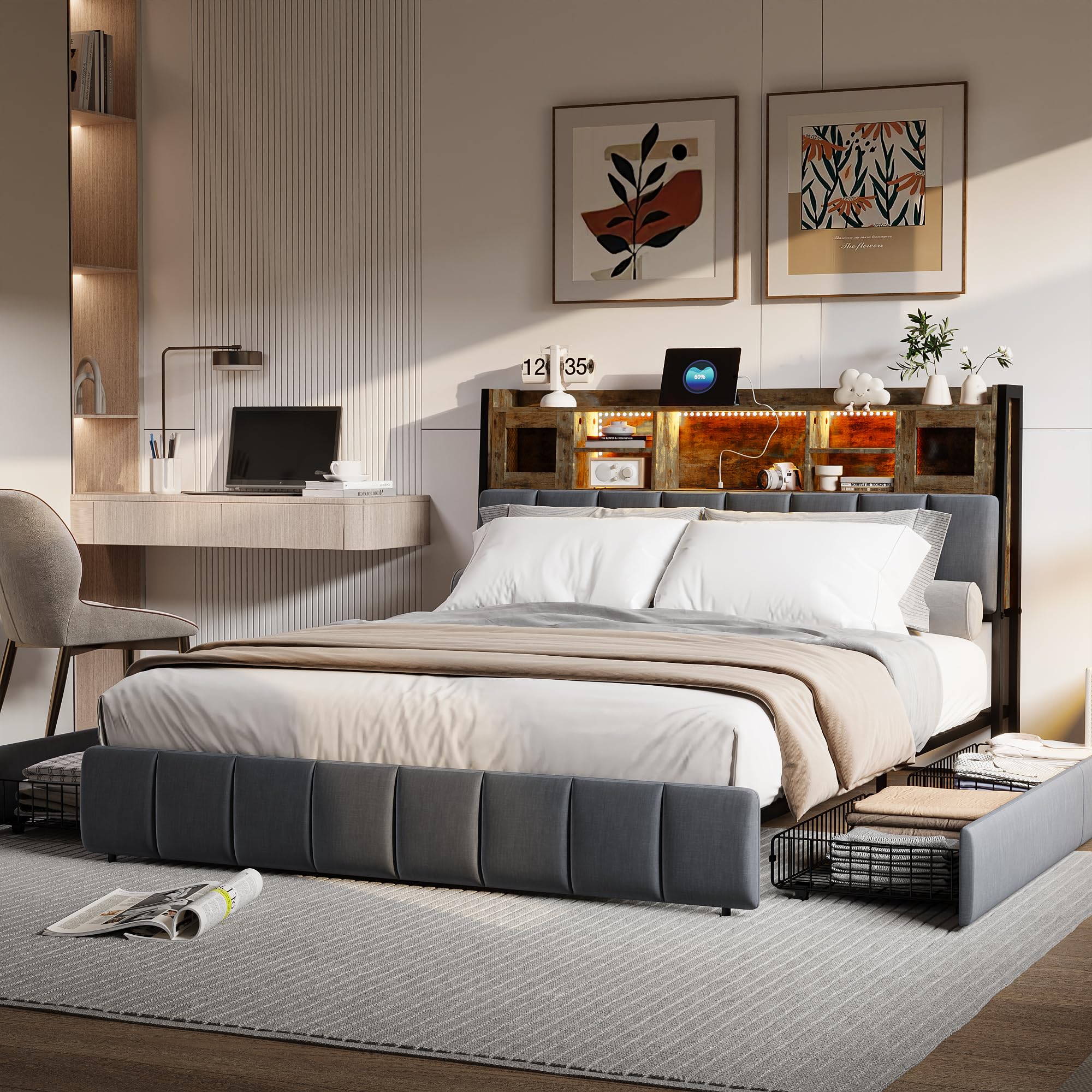 Lit 160x200 Avec Rangement,LUMINARIX ,LED,lit Double Avec 4 Tiroirs Et USB, Lit 2 Place Avec Sommier,lit Adulte 160x200,lin, Beige - Maison