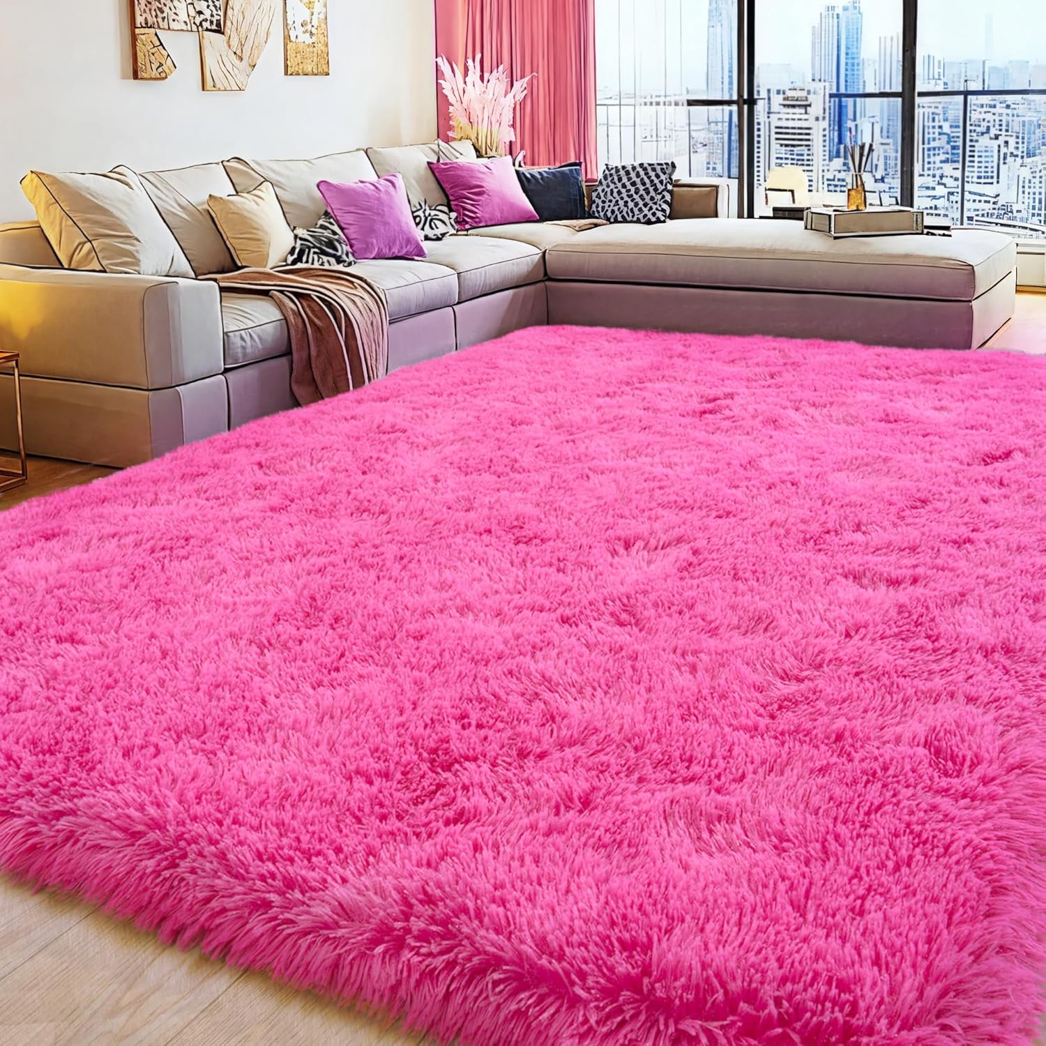 Soft Plush Shag Rug 5x7, Ultra Fluffy Rug for Living Room Bedroom, Non-Slip Fuzzy Large Area Rug for Living Room, Carpet for Girl Boy Kids, Modern Indoor Home Decor Aesthetic, Hot Pink