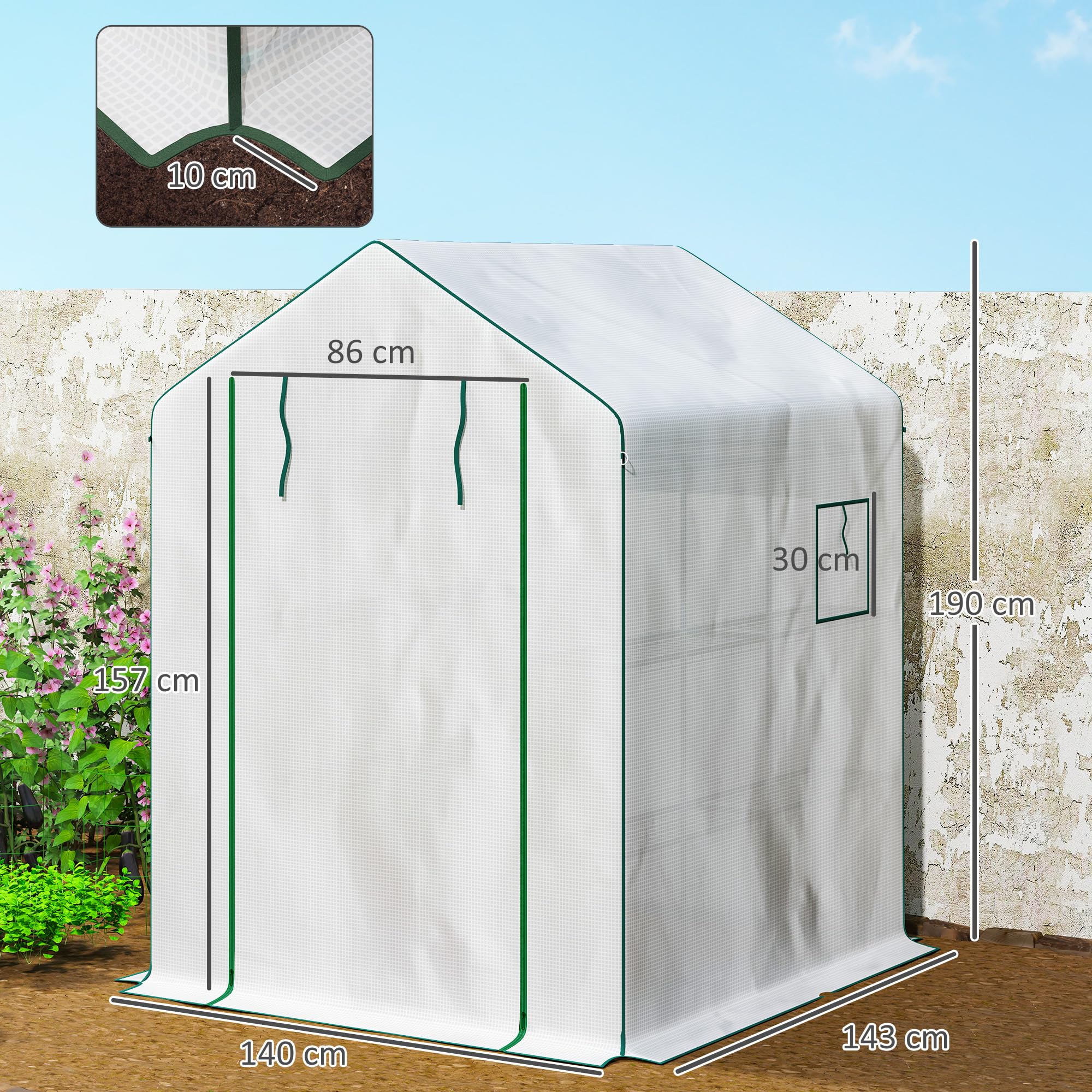 Outsunny Szklarnia ogrodowa Szklarnia na pomidory z 1 drzwiami, 2 oknami, 3-poziomowymi półkami na rośliny kwiaty plandeka PE 140 x 143 x 190 cm biała