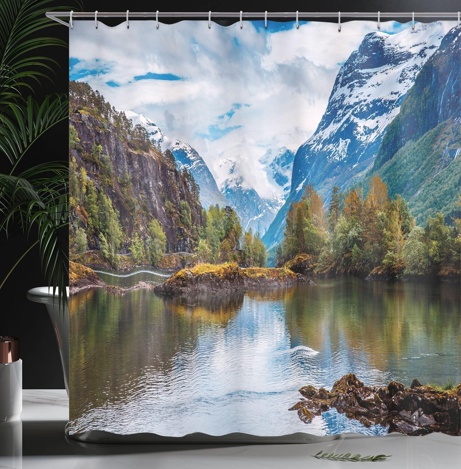 Ambesonne Nature Shower Curtain, Norway Mountain Range Snowy Peaks by The Lake Fishing Nordic Northern Landscape, Cloth Fabric Bathroom Decor Set with Hooks, 69" W x 84" L, Blue Fawn Green