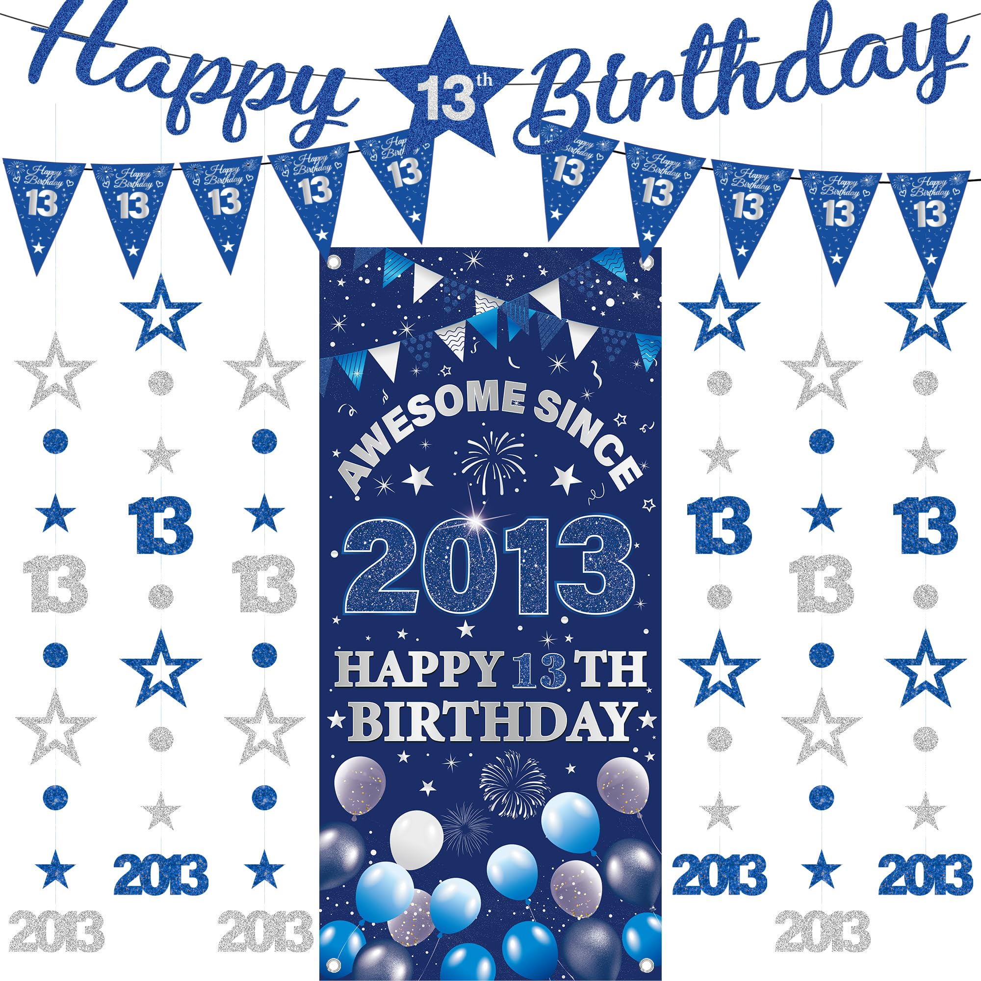13th Birthday Decorations Boy Banners - 9 Pcs Blue Silver Happy Birthday Banner Awesome Since 2013 Curtain Backdrop Twinkle Star Dot Hanging Streamer Pennant for 13 Years Old Party Wall Decor Supplies