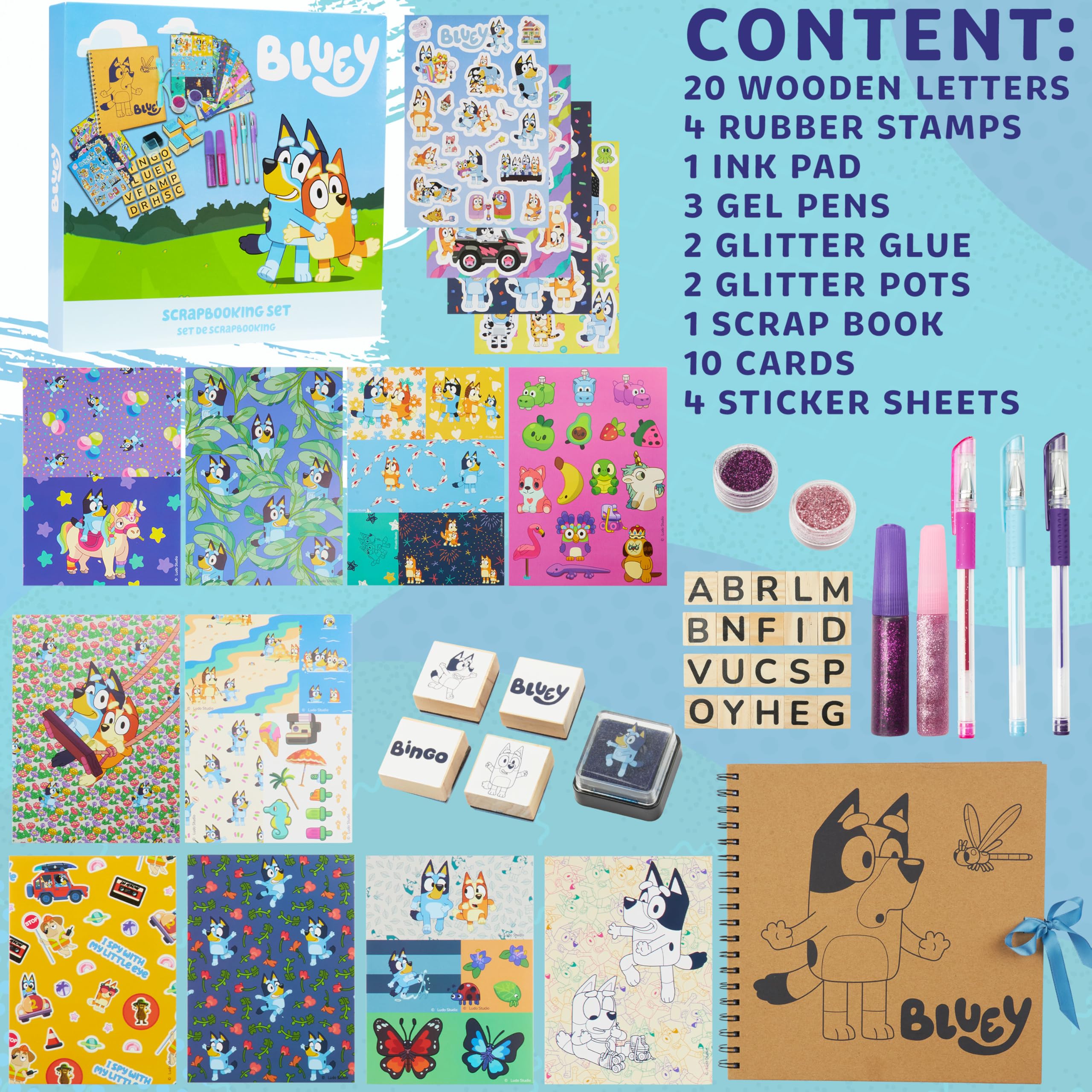 Bluey Zestaw do scrapbookingu dla dzieci z akcesoriami do scrapbookingu, artykuły plastyczne, długopisy żelowe, brokat, klej, stempel, zestaw naklejek, artykuły pa, zestaw artystyczny,