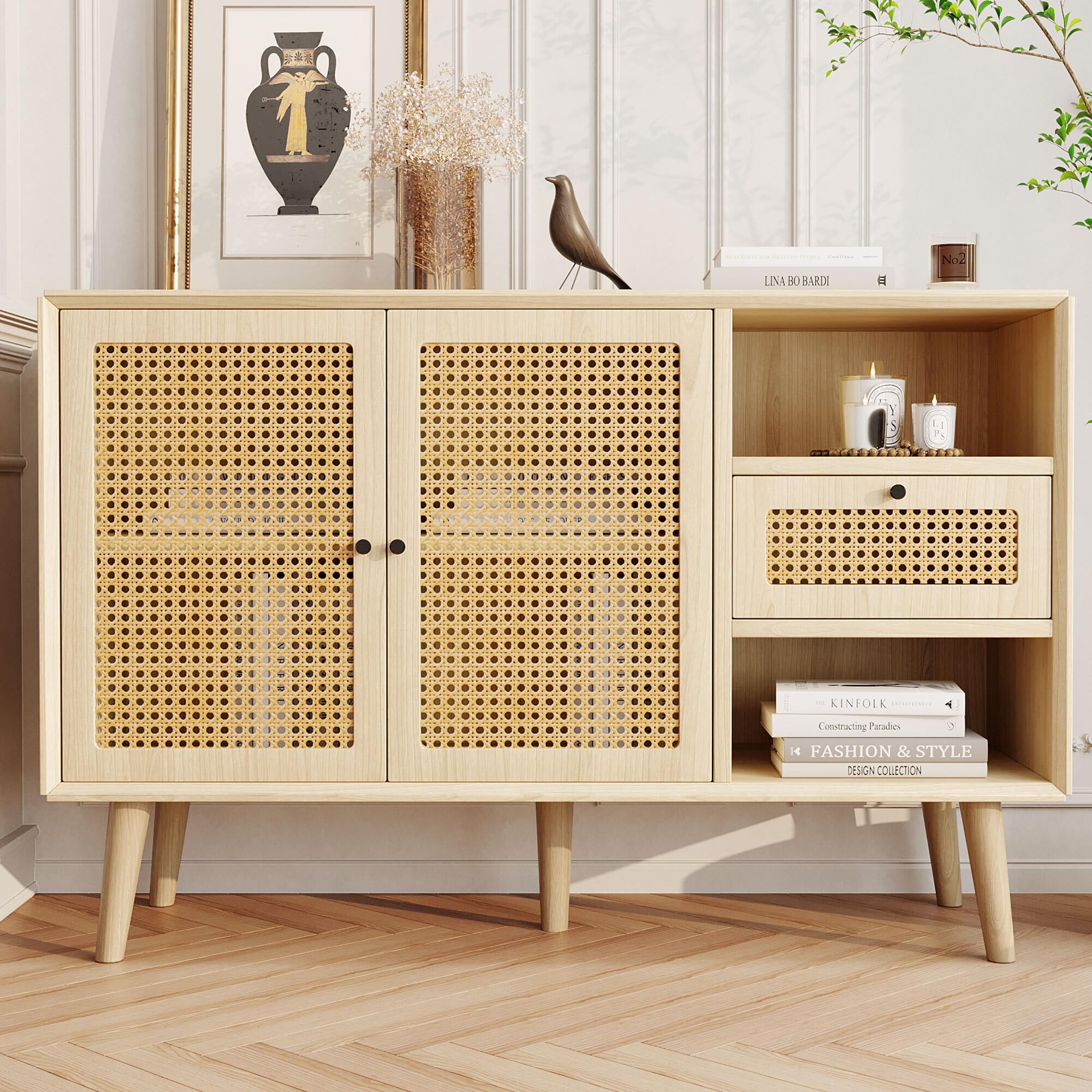 Enfilade en chêne 120cm LINKHOO avec portes en rotin et pieds en bois massif