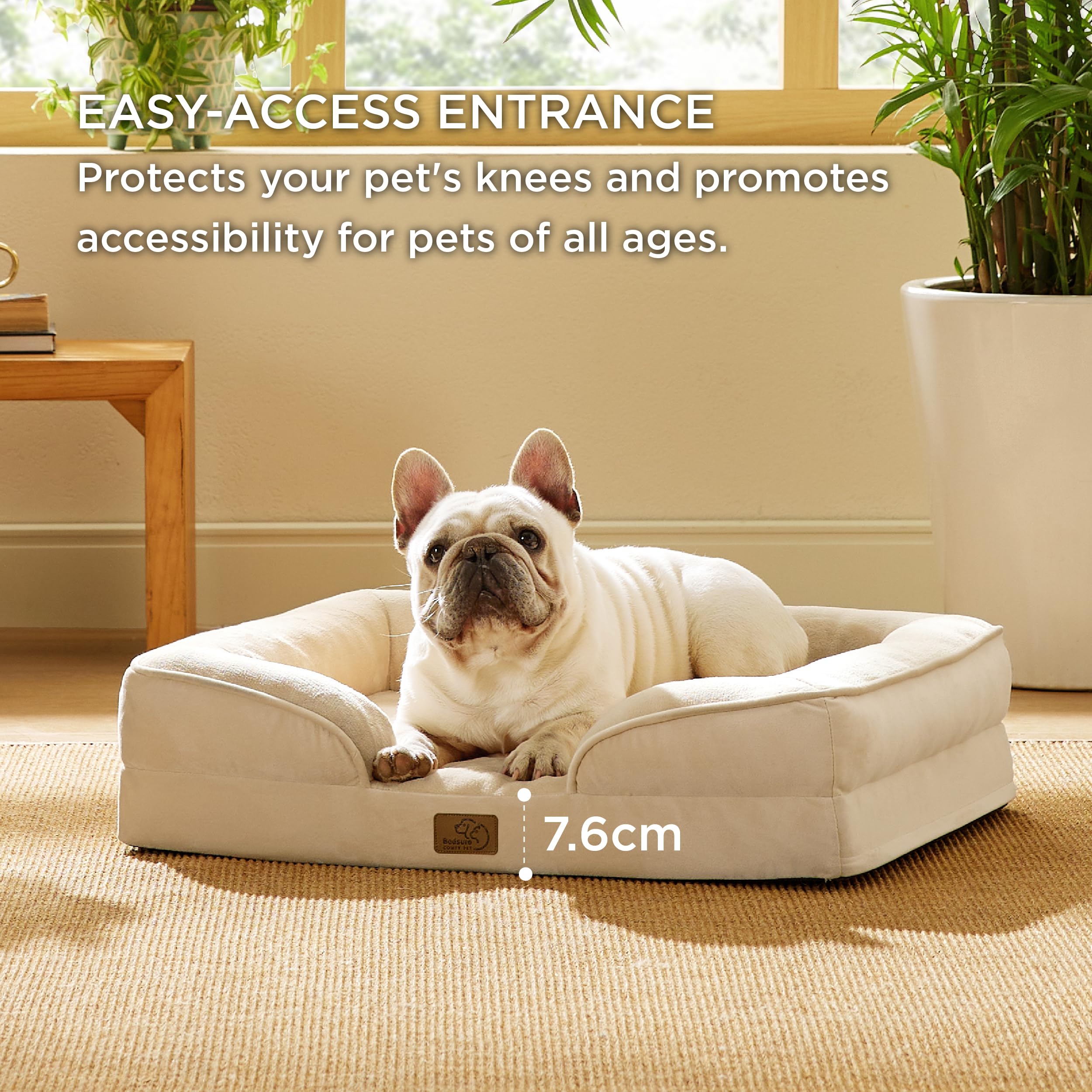 Bedsure, Letto/divano ortopedico per cani, di dimensioni medie, con rivestimento in flanella con cerniera sfoderabile e lavabile, kaki chiaro, 71 x 58 x 16 cm, dimensioni della seduta: 48 x 47 cm