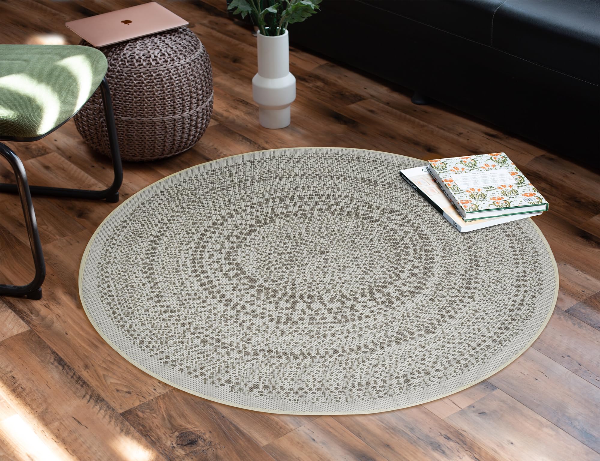 DomDeco Intérieur/extérieur Tapis rond Finn dans un style moderne – Robuste et facile d'entretien pour le salon, le couloir, la terrasse, le balcon, en fibres synthétiques, Ø 120 cm, crème/vert olive