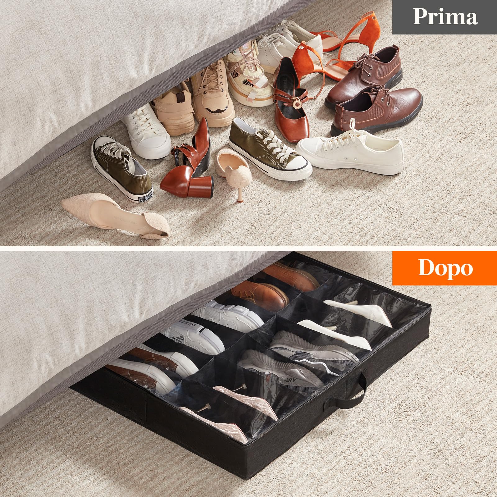 Lifewit Scatole per Scarpe con Finestra Trasparente, 12 Paia + 4 Paia, Contenitori Portaoggetti Pieghevole Sottoletto per Scarpe, Organizer per Scarpe con Manici Salvaspazio, Nero