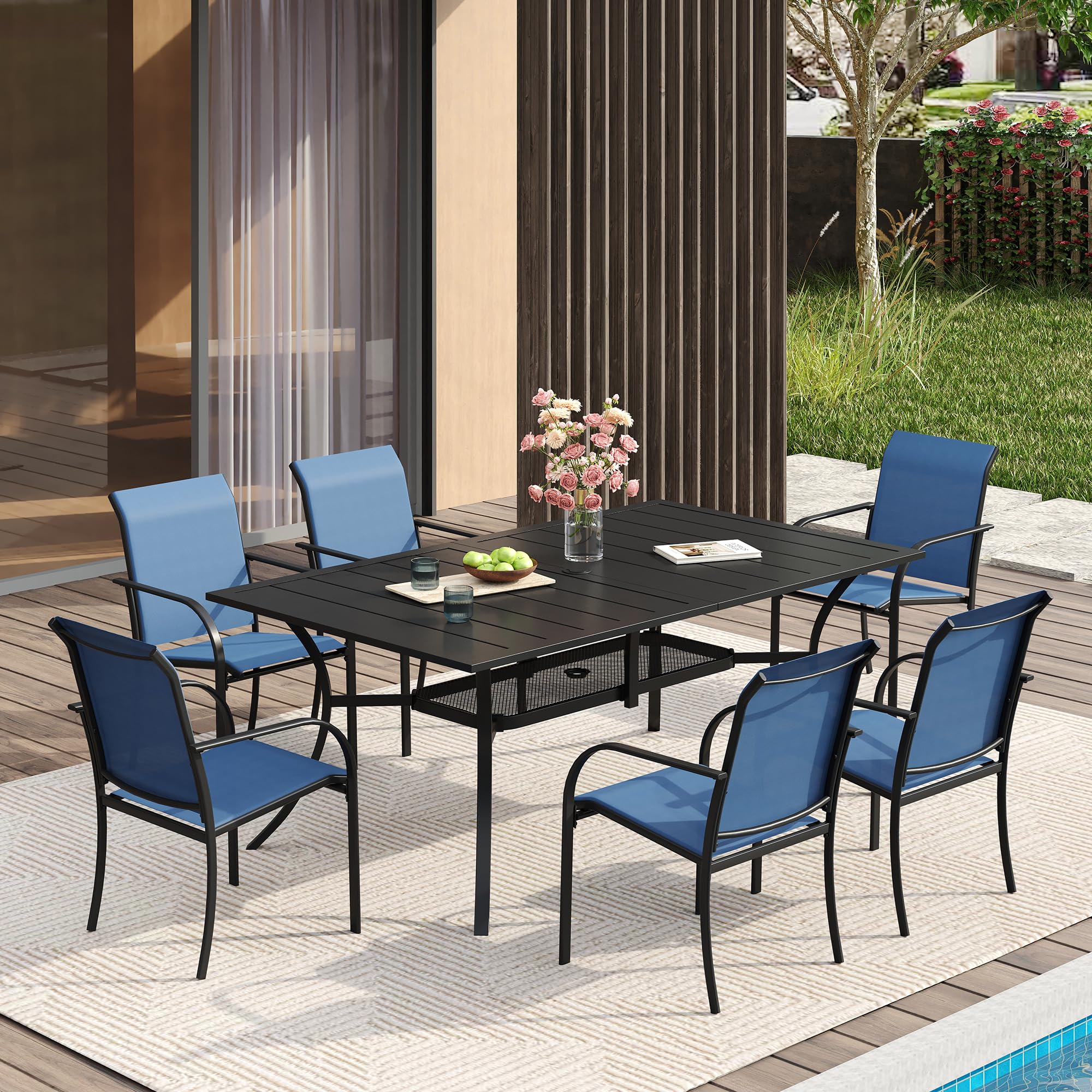 VICLLAX 7 Pieces Patio Dining Set for 6, Outdoor Furniture Set Includes 59" Rectangle Outdoor Table and 6 Stackable Patio Sling Chairs, Black Tabletop and Blue Fabric