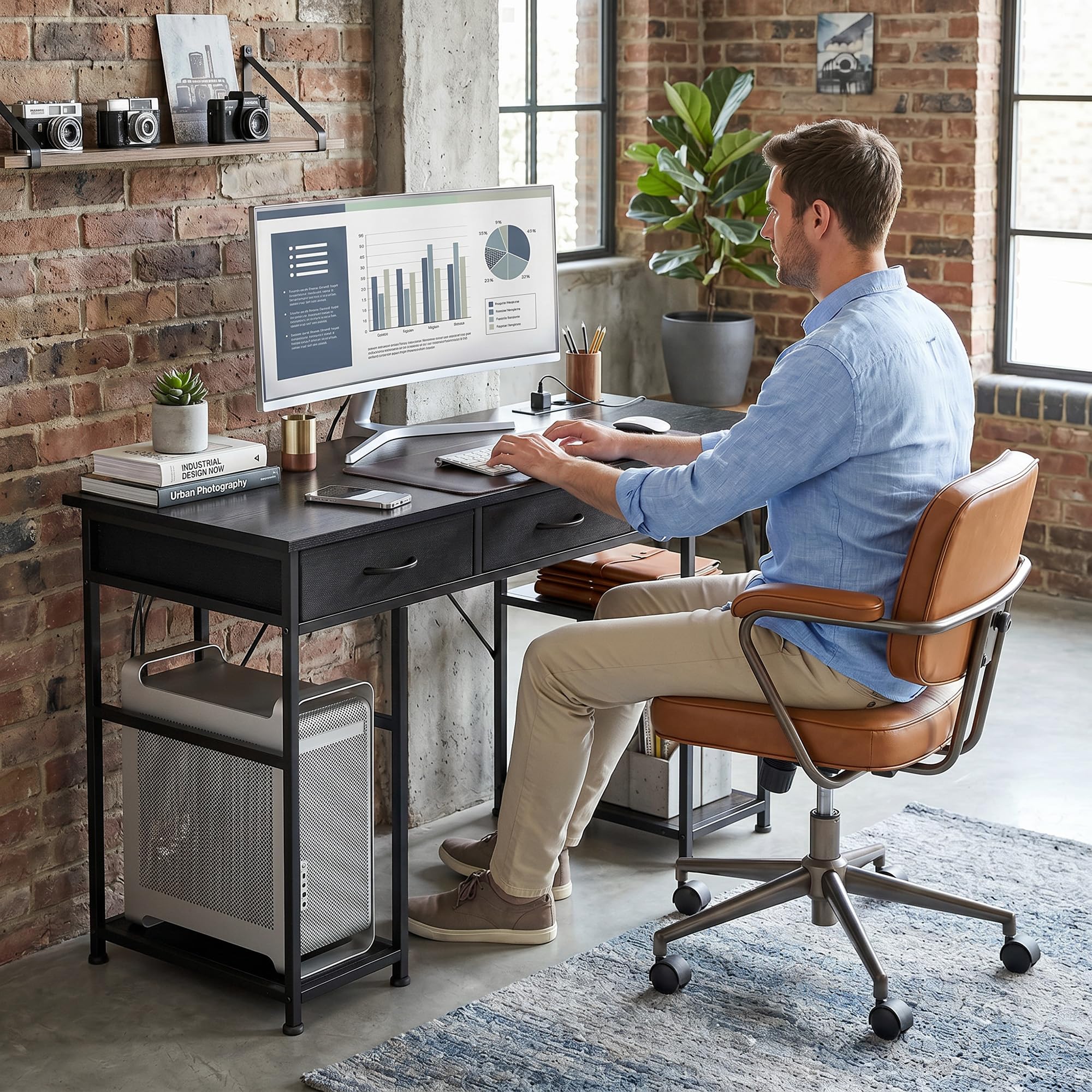 HOMCOM Scrivania per computer con 2 prese di ricarica USB e 2 prese di corrente, scrivania con deposito 120 x 40 cm, ripiani regolabili e 3 cassetti in tessuto, postazione di lavoro, telaio in acciaio