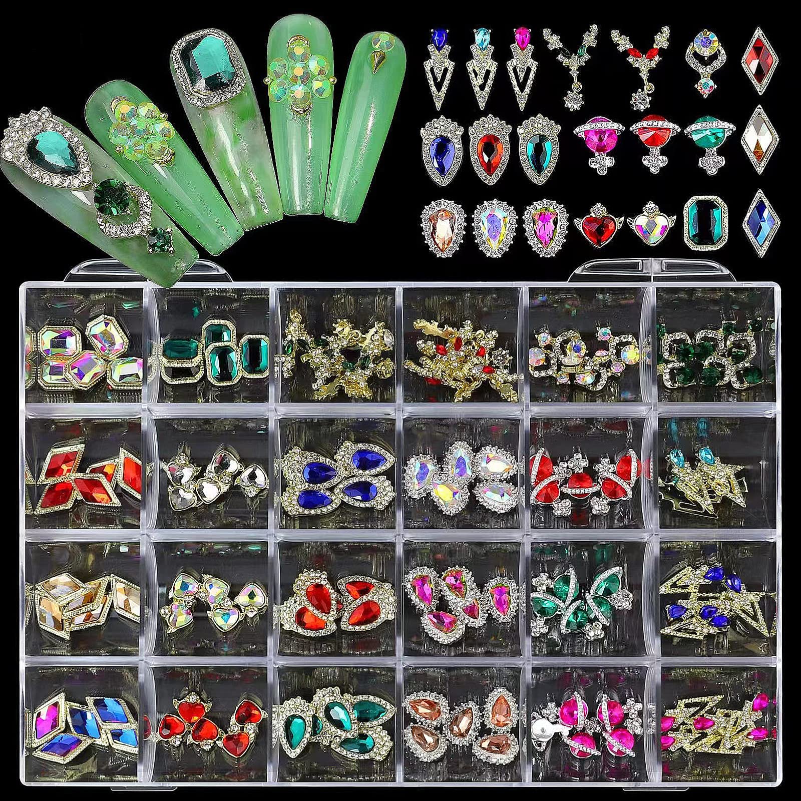 120Pcs Luxury Alloy Nail Art Rhinestones Charms Kit, Red Green Blue Luxury Nail Art Rhinestones Nail Diamonds Glass Crystal AB Metal Gems Jewels Stones for DIY Nail Art DIY Craft Jewelry Making