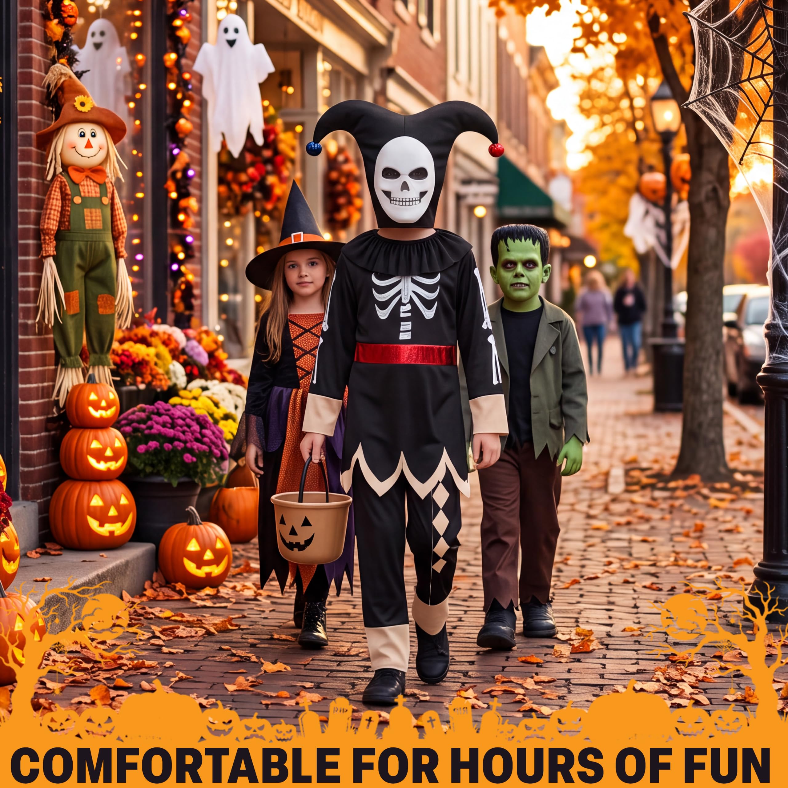Get Trend Halloween Costume Bambino e Bambina Travestimento Spaventoso per Feste, Dolcetto o Scherzetto, Giullare, Demone, Gladiatore, Clown e Mietitore Scheletro Vestito Carnevale, Idee Regalo