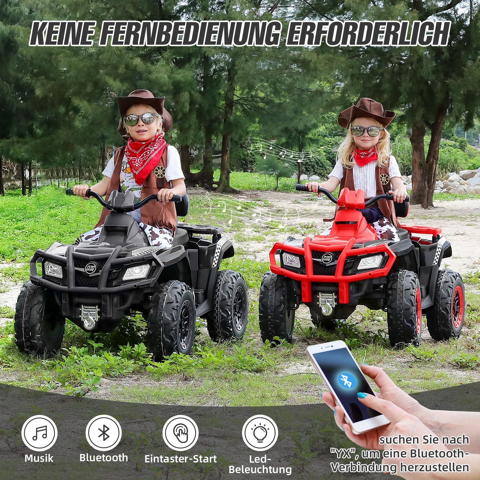 ELEMARA 2 Sitzer Kinder Quad für große Kinder,Elektro Auto Fuer Kinder ab 3 Jahre,6 km/h Höchstgeschwindigkeit,LED-Lichtern,Musik & Hupe,2 gefederten Rädern,Elektroauto für Jungen und Mädchen,Schwarz