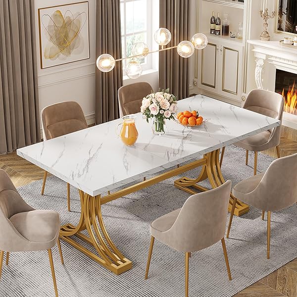 Faux Marble Table with Golden Trestle