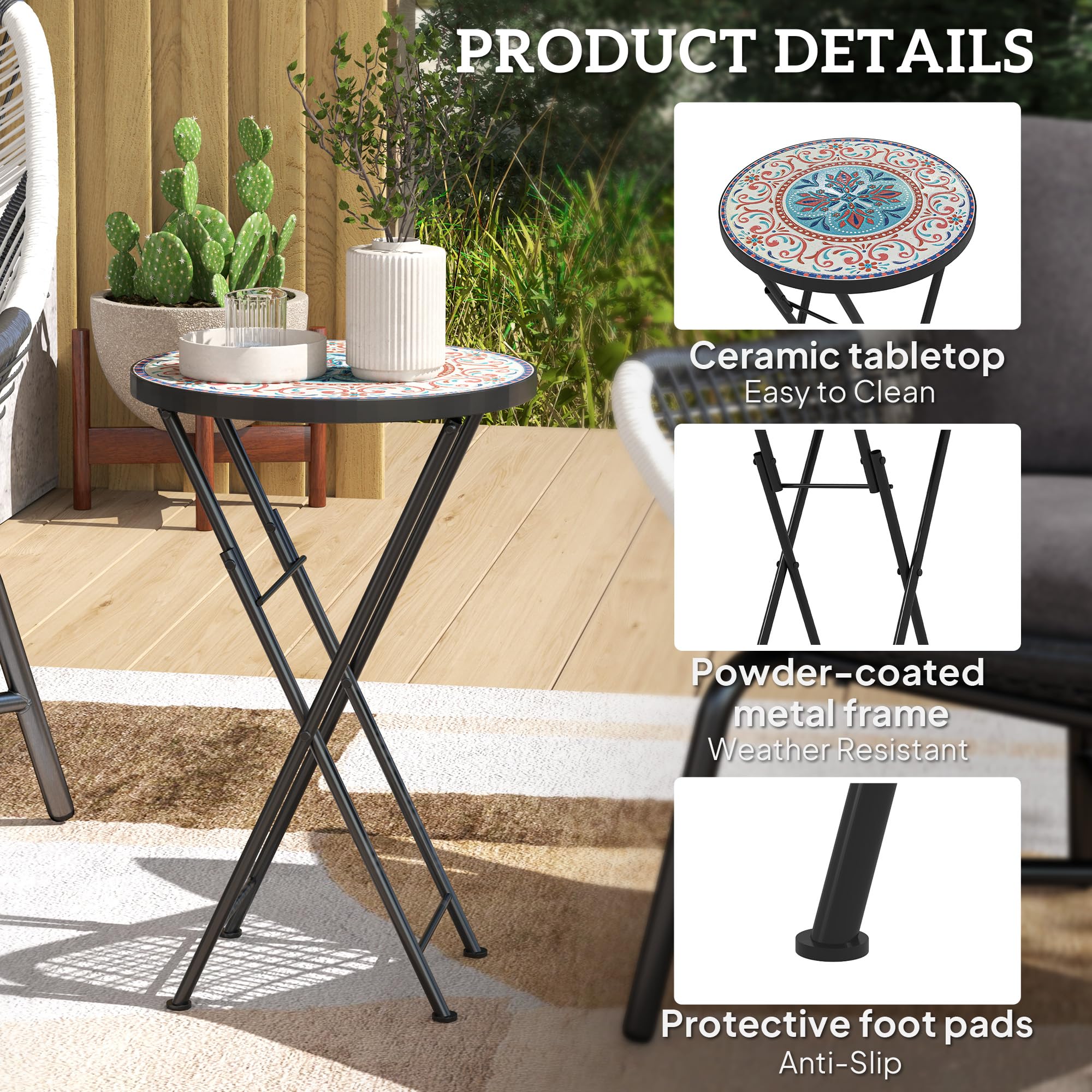 Table D'appoint Extérieur En Métal Avec Plateau Mosaïque Céramique - 35,5x53,5cm, Multicolore - Pour Jardin, Terrasse, Balcon
