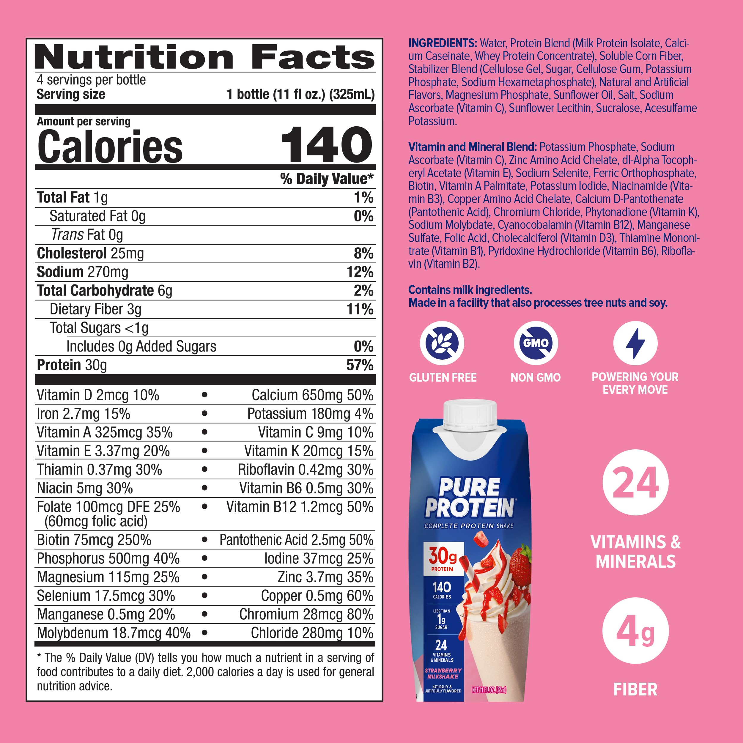 Pure Protein Strawberry Protein Shake, 30g Complete Protein, Ready to Drink and Keto-Friendly, Vitamins A, C, D, and E plus Zinc to Support Immune Health, 11oz Bottles, 12 Pack — Amazon image 2