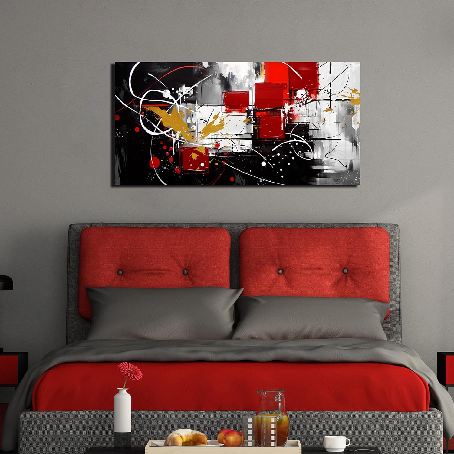 Large Abstract Canvas Wall Art Modern Living Room Bedroom Home Office Wall Decor Black Grey Red Abstract Picture Framed Artwork Ready to Hang Size 24x48 - Image 2