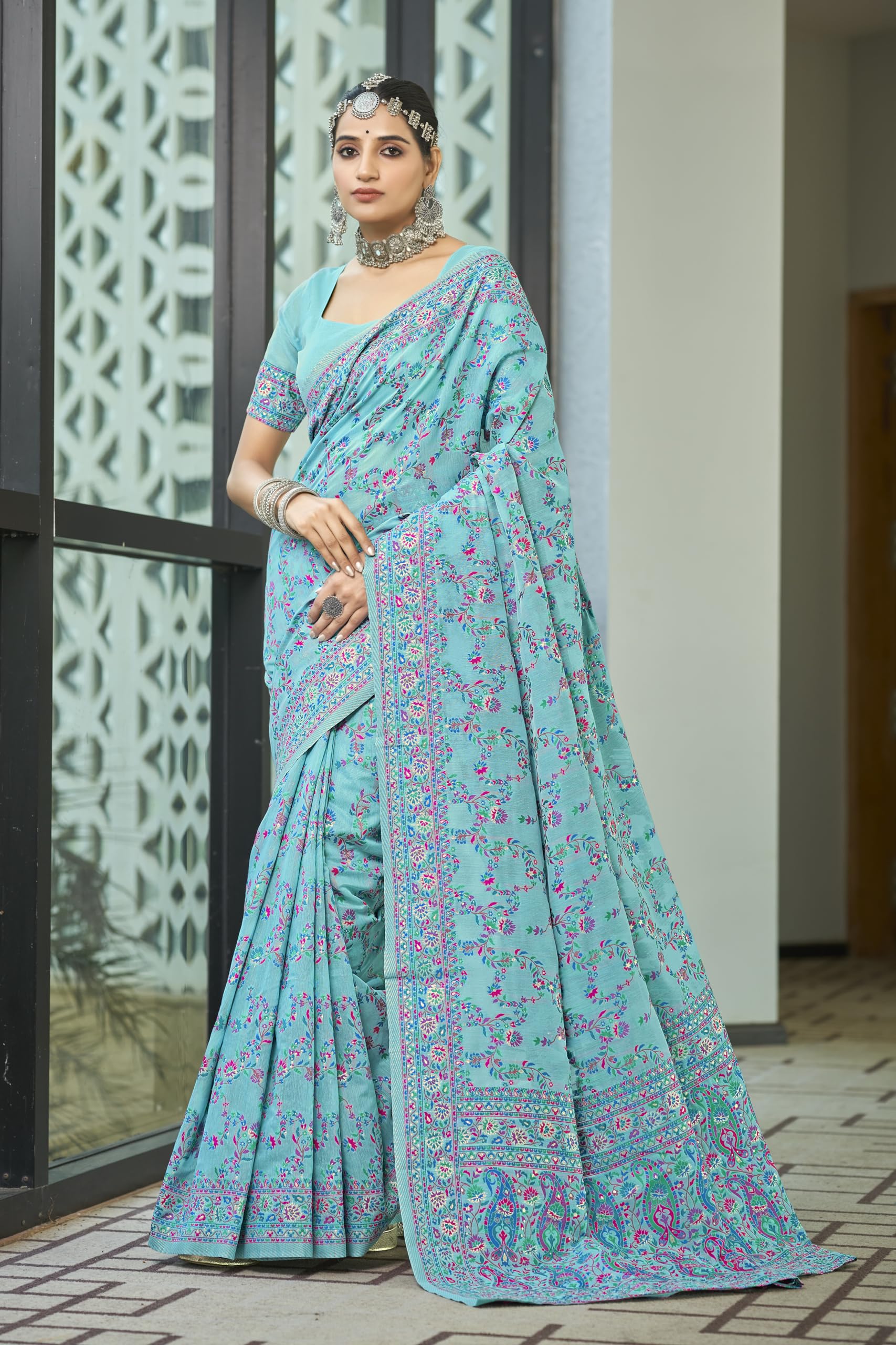 Glory Sarees Women's Kashmiri Cotton Woven Saree With Blouse Piece (Heritage_Silk108_Firozi)