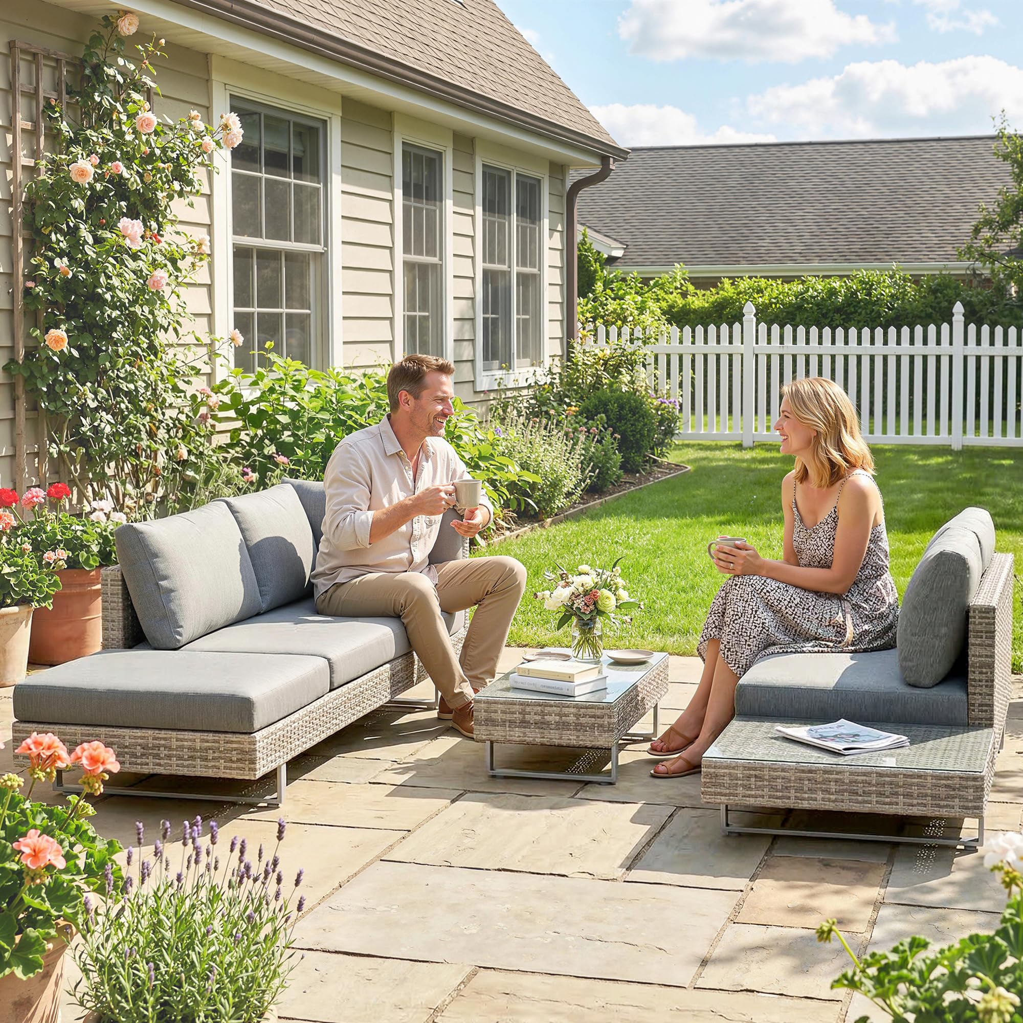 Outsunny Conjunto de Muebles Ratán de 3 Piezas Mesa de Centro Sofá Doble y Sofá de 3 Plazas con Cojines Extraíbles para Exterior Jardín Terraza Patio Acero Gris