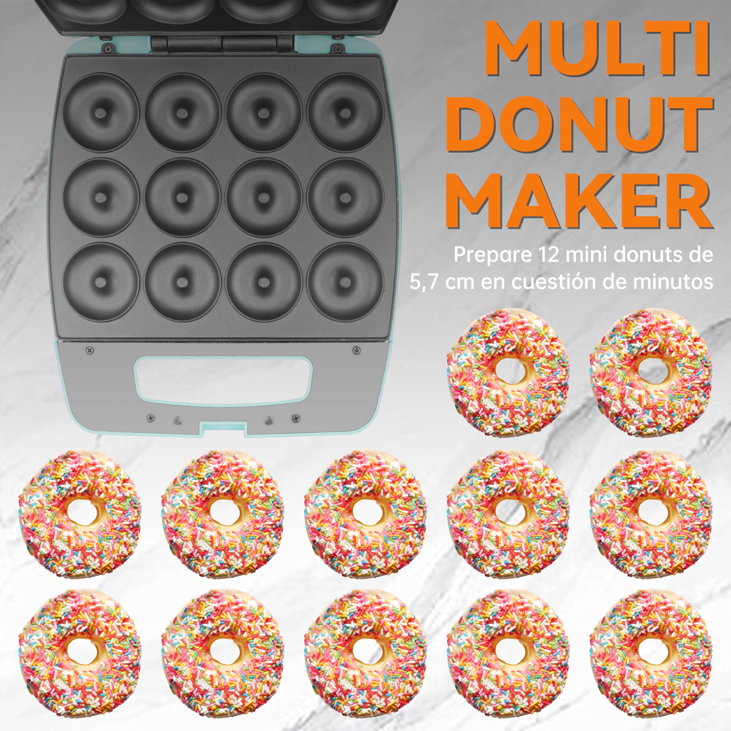 Baker's Friend, Mini máquina para hacer donuts, maquina donuts, donetes, hornea 12 mini donuts, perfectos para desayunos, meriendas, postres y mucho más, Aqua