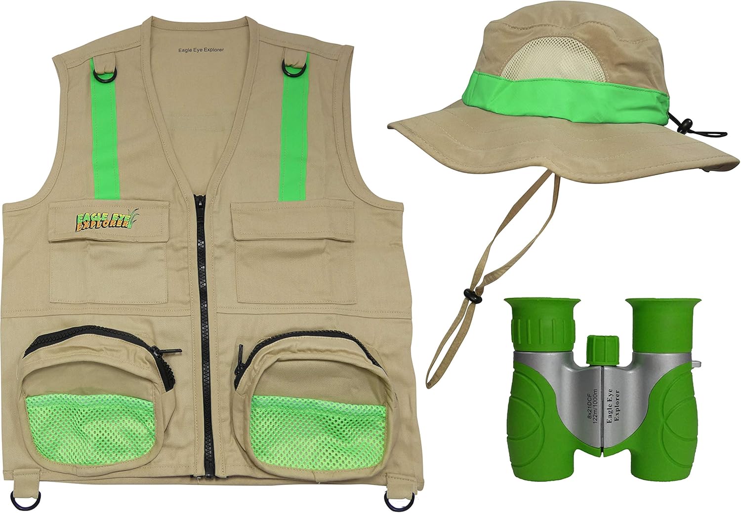 Multi-Piece Set Cargo Vest with Reflective Safety Straps, 1 8x21 Magnification Binoculars and Safari Hat for Boys and Girls (Small/Medium, Tan and Green)