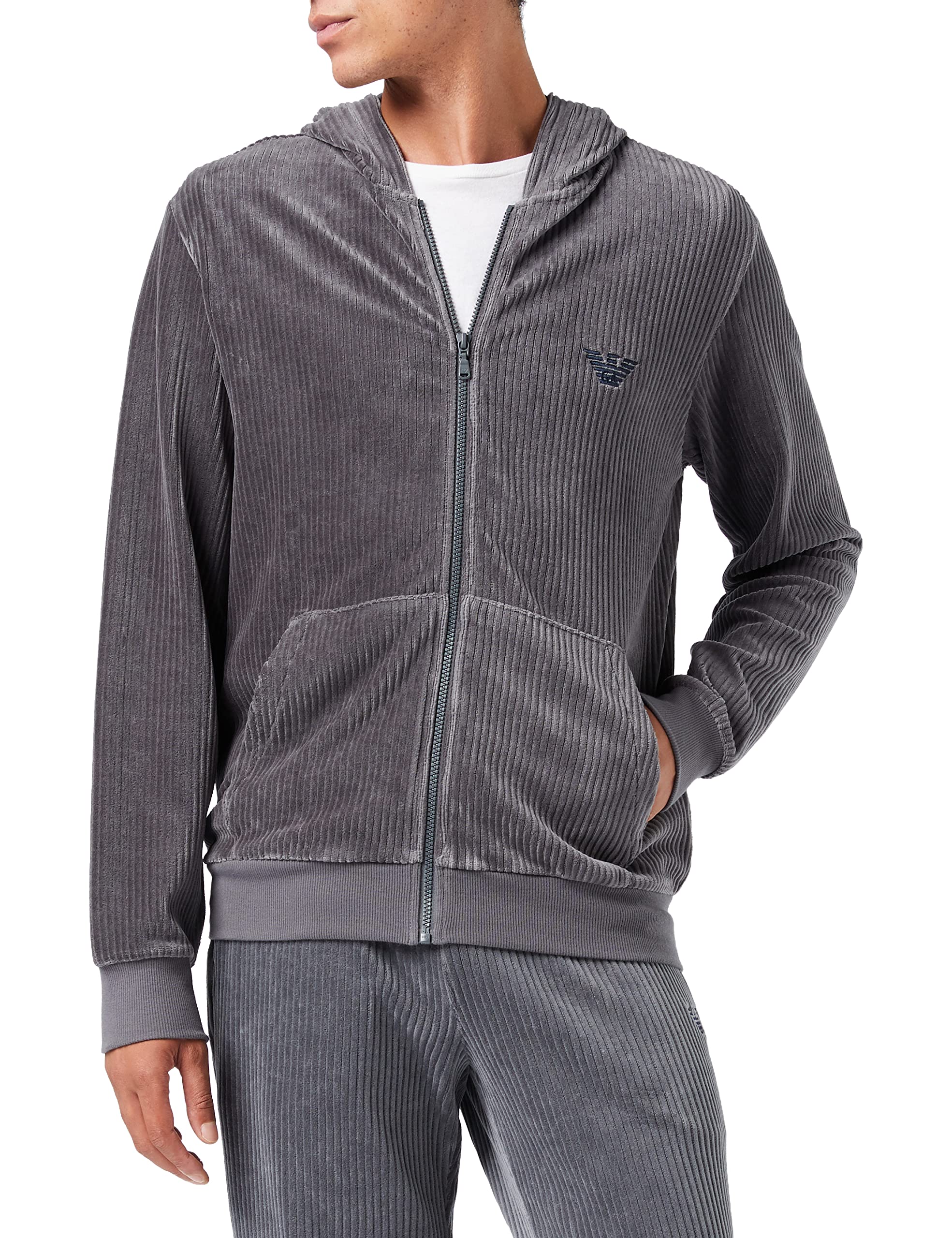 Men's Ribbed Chenille Embroidered Eagle Logo Zip Up Hooded Sweater